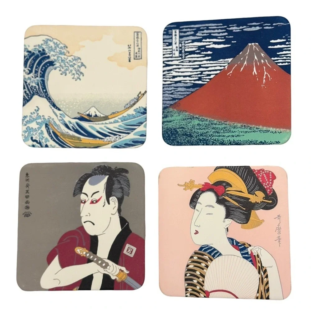 Japanese Ukiyoe Coasters Set Fine Art Woodblock Prints Mount Fuji Geisha Samurai